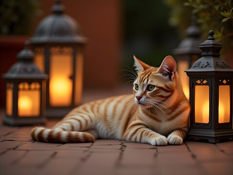A cat lounging among decorative lanterns in a warm, inviting outdoor setting.