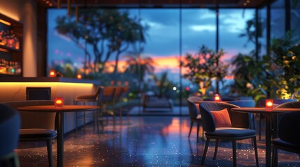 Obraz premium An elegant bar setting showcases a stunning view at twilight, blending artistic design with serene outdoor lighting, creating an inviting atmosphere for social gatherings.