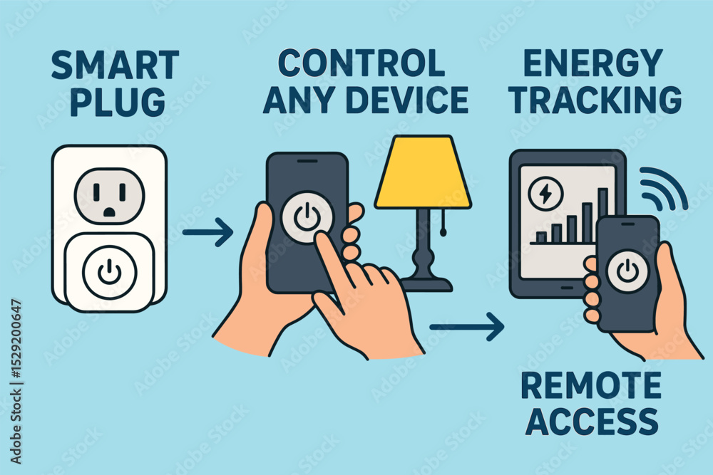 Poster smart plug system. vector illustration of smart plug system allowing control of any device, energy t