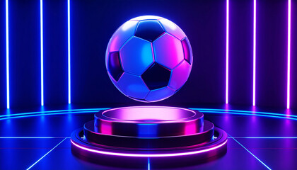 Futuristic Neon Soccer Ball A 3D Render of a Glowing Soccer Ball on a Futuristic Podium