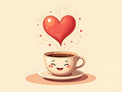 Smiling coffee cup with red heart steam creative illustration for love and warmth