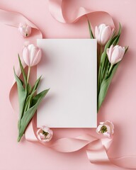 A beautiful arrangement of pink tulips with a blank card and ribbon on a soft pink background, perfect for celebrations.