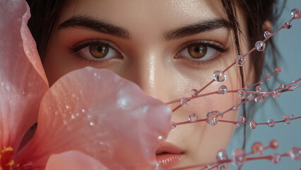 The concept of femininity, purity and innocence. The face of a beautiful natural girl with pink delicate flowers in drops of water.