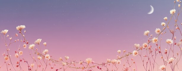A beautiful scene showcasing delicate flowers against a soft pink sky, illuminated by a gentle crescent moon.