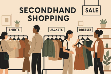 Curated Thrift Store. Vector illustration of secondhand shopping scene at a curated thrift store with labeled racks and minimalist
