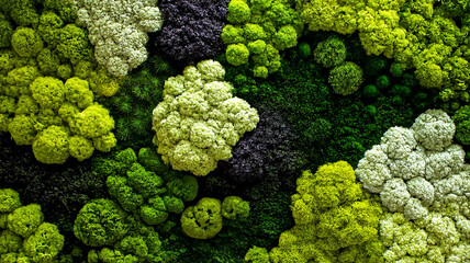 A vibrant tapestry of moss and lichen, showcasing intricate textures and hues of green and yellow