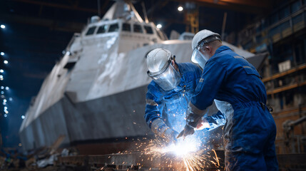 Shipyard crew works on missile system compartments of gray warship, utilitarian design highlighted by harsh lighting