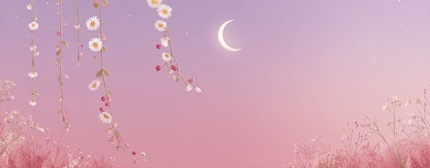 A serene landscape at dusk with delicate flowers and a crescent moon illuminating the soft pink sky.