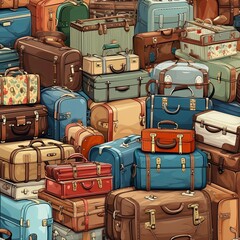 Vintage Luggage Collection Stacked Suitcases and Travel Bags in a Colorful Pile. Retro Style