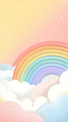 A vibrant rainbow arches over fluffy pastel clouds, creating a whimsical and dreamy atmosphere in the sky.