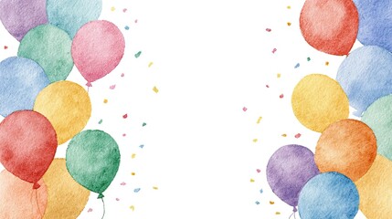 A vibrant watercolor illustration of colorful balloons and confetti, perfect for festive occasions and celebrations.