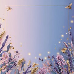 Elegant floral border design featuring lavender, greenery, and golden accents, perfect for invitations or decorative use.