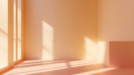 Fototapeta premium Serene Minimalist Studio with Sunlit Peach Interior, Abstract Shadows, and Modern Design Elements