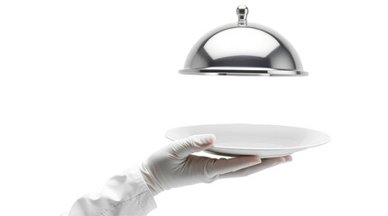 Photo of hand wearing a white glove holding a white plate with a dome-shaped silver serving tray isolated on transparent background.png