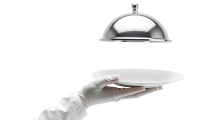 Photo of hand wearing a white glove holding a white plate with a dome-shaped silver serving tray isolated on transparent background.png