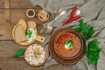 Traditional Ukrainian borscht. Hot dish, national red soup, served in classic style.