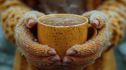 Warm Embrace: A cozy moment captured as hands wrapped in knitted mittens cradle a steaming mug of a warm beverage, exuding comfort and tranquility.
