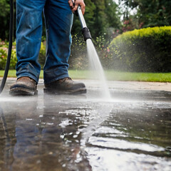 Pressure washing driveway. Close up on water splash and worker in worker boots cleaning driveway with pressure washer.	