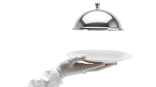 Photo of hand wearing a white glove holding a white plate with a dome-shaped silver serving tray isolated on transparent background.png