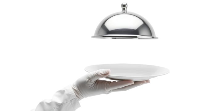Photo of hand wearing a white glove holding a white plate with a dome-shaped silver serving tray isolated on transparent background.png