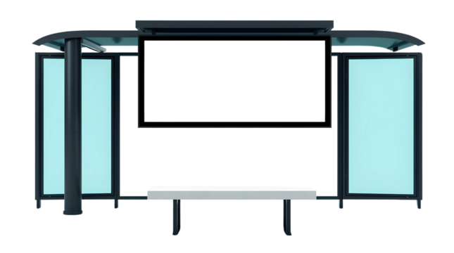 Photo of modern public bus stop with a large, rectangular, black-framed digital display screen isolated on transparent background.png - Powered by Adobe