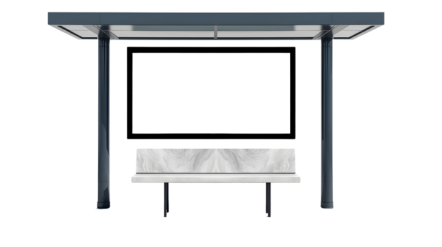 Photo of modern public bus stop with a large, rectangular, black-framed digital display screen isolated on transparent background.png