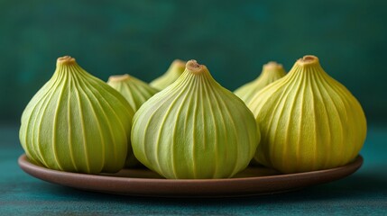 Green Fig Platter: A close-up shot of a plate of fresh, green figs, with their unique textures and shapes. The natural light gently illuminates the arrangement.