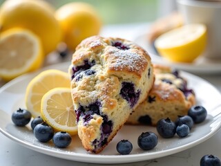 Lemon Blueberry Scones for Sunny Days: Bright and fresh lemon blueberry scones arranged on a white ceramic plate with lemon slices and fresh blueberries, captured in natural sunlight