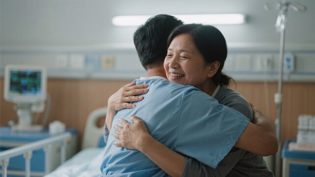 Emotional hug between organ recipient and donor family in hospital room, symbolizing second chance and human connection