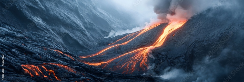 Poster multiple rivers of bright orange lava are flowing down a dark gray volcanic landscape during a power