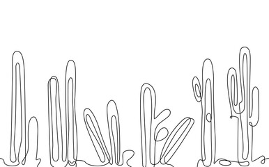 Seamless pattern with cacti in minimalistic linear style isolated on white background. Vector illustration.