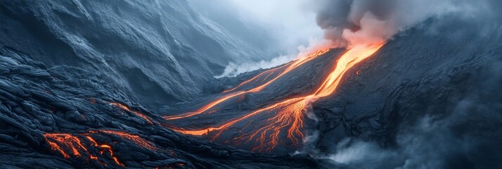 Multiple rivers of bright orange lava are flowing down a dark gray volcanic landscape during a powerful eruption, creating a dramatic contrast between the molten rock and the solidified slopes