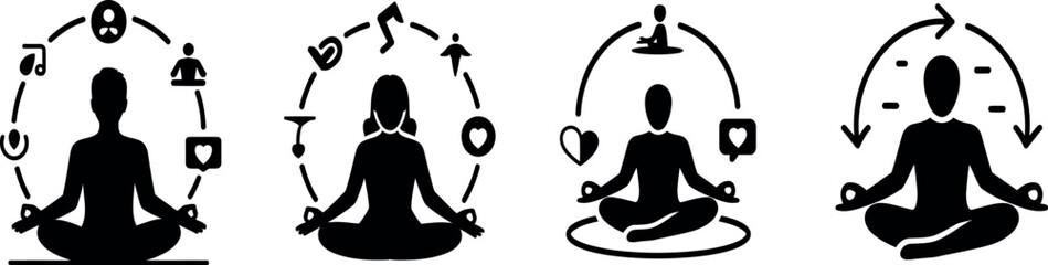 Meditation and Wellness Icons – Vector Set of Yoga Poses with Lifestyle Symbols Isolated on White Background

