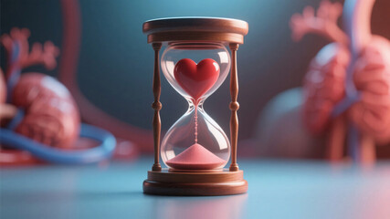 Conceptual image of heart trapped inside hourglass, representing urgency and limited time for life-saving organ transplants