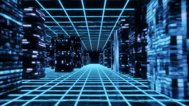 Futuristic neon cityscape with gridlined streets and skyscrapers in motion