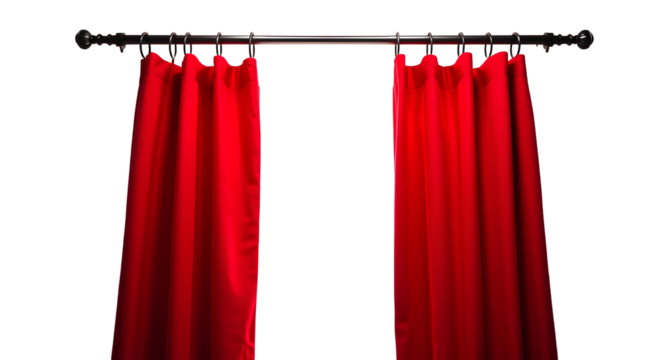 Photo of ed curtains hanging from a rod isolated on transparent background.png