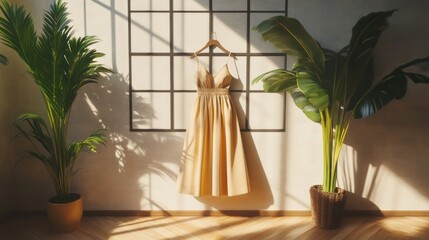 Sunlight Illuminates Elegant Beige Dress Hanging Amongst Tropical Plants