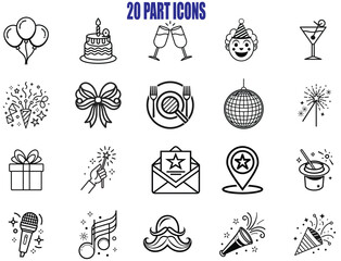 Twenty festive party icons and elements isolated on white background