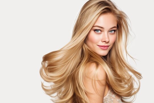Charming blonde woman turning slightly with voluminous hair on grey background.