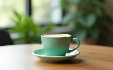 Obraz premium Eco friendly mint green coffee cup on wooden table with blurred indoor plant backdrop for sustainability theme. High quality