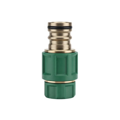 Green plastic and brass garden hose quick connector