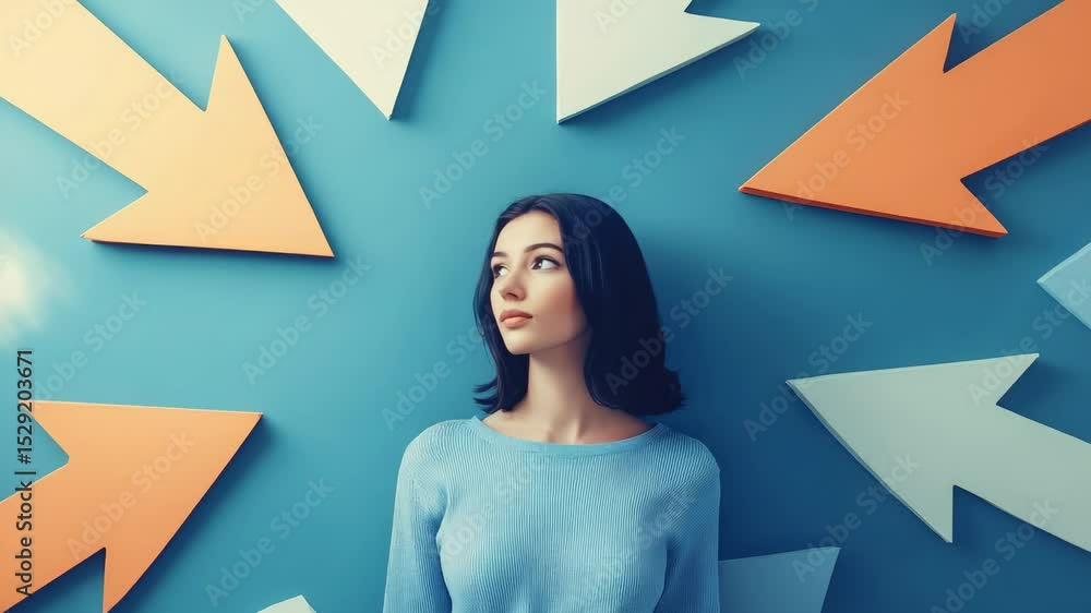 Aufkleber multiple images of a young woman looking at different arrows pointing in various directions, represe