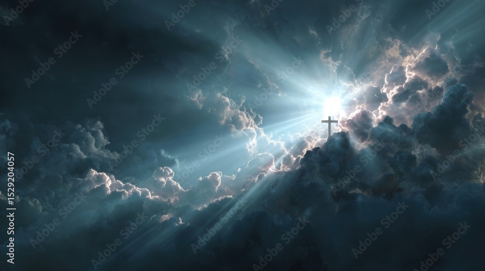 Poster soft rays of light filtering through a veil of clouds, creating a halo effect around the cross or em