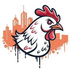 A vibrant chicken-themed graffiti tag sprawls across a gritty urban city backdrop, showcasing detailed street art against weathered brick buildings.