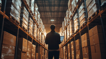 A businessman manages warehouse cargo with a laptop, overseeing stock and shipping operations