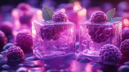 Frozen Raspberry Elegance: Two perfectly formed ice cubes, each holding a vibrant raspberry and a delicate mint leaf, sparkle amidst a soft, ambient glow.