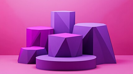 Magenta and violet polygon stacks forming modern pedestal for product showcase