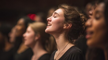 A group of choir members with their eyes closed, their faces upturned in pure bliss and devotion as they sing with all their hearts.