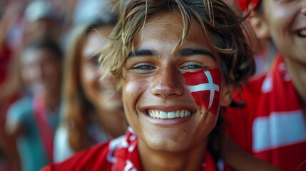 Obraz premium A joyful young fan with a painted face proudly displays energy and enthusiasm, embodying the spirit of celebration in a lively event filled with cheering and joy.