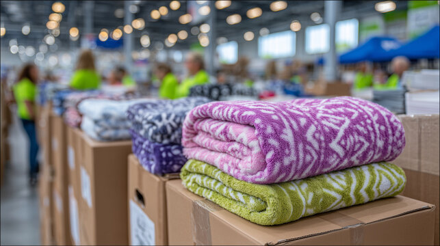 Brightly colored fleece blankets neatly folded atop large cardboard boxes in spacious warehouse, natural light streaming through windows, volunteers moving in background, vibrant s